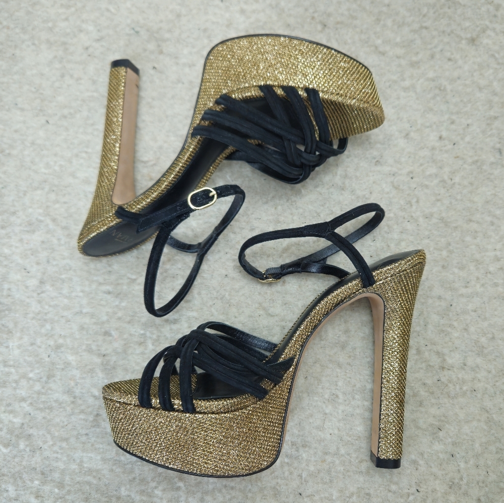 (NEW) Alexandre Birman Berthe Platform Heels Black Suede Gold Size 37